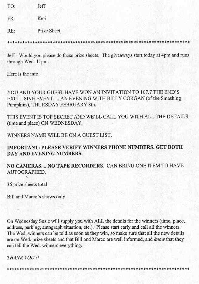 Billy Corgan memo details for the front desk